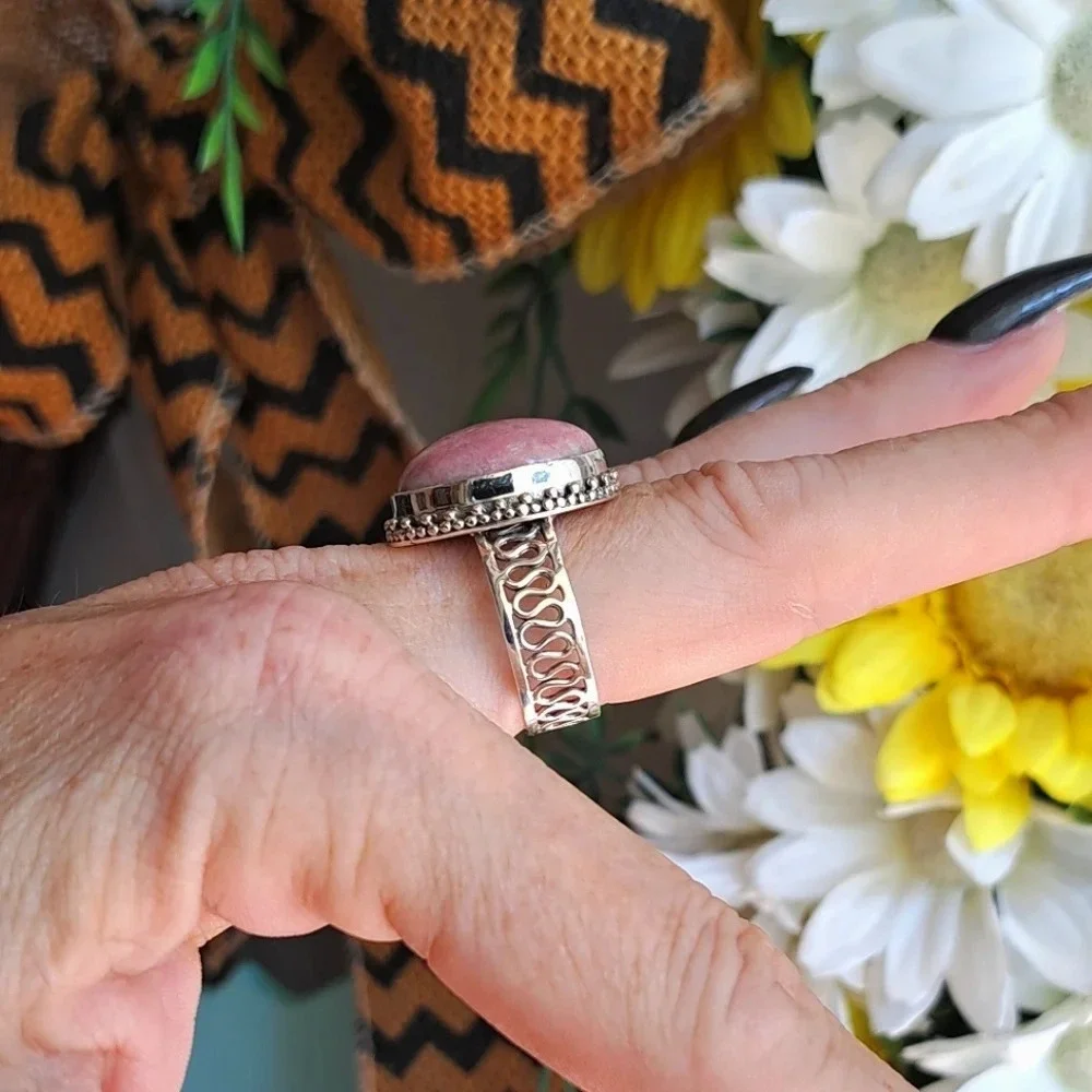 Norwegian Thulite Solitaire Ring In 925 Sterling Silver.